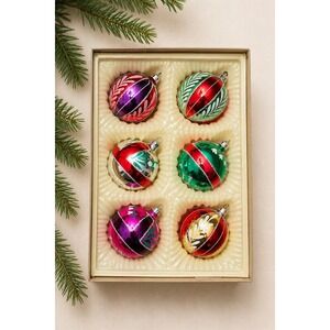 Vintage Hand‎ Decorated Glass Christmas Ornaments Set of 6 Romania Boxed 80s 90s